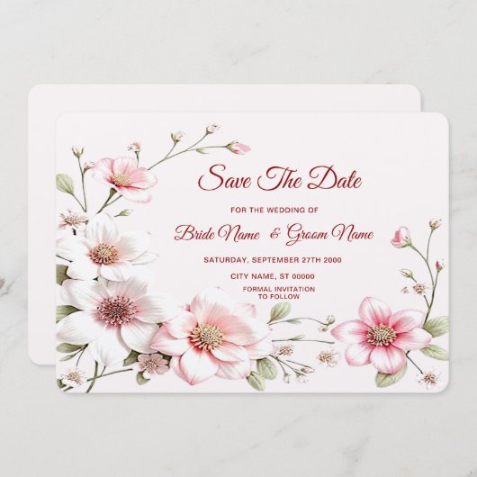 Elegante roze witte bloem Bewaar de datum Save The Date (Voorkant / Achterkant)