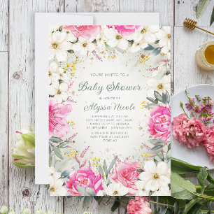Elegante Roze Witte Bloem Glitter Baby Shower Uitn Kaart