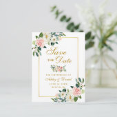 Elegante Roze Witte Bloemen Bewaar de Datum Goud Aankondigingskaart (Staand voorkant)