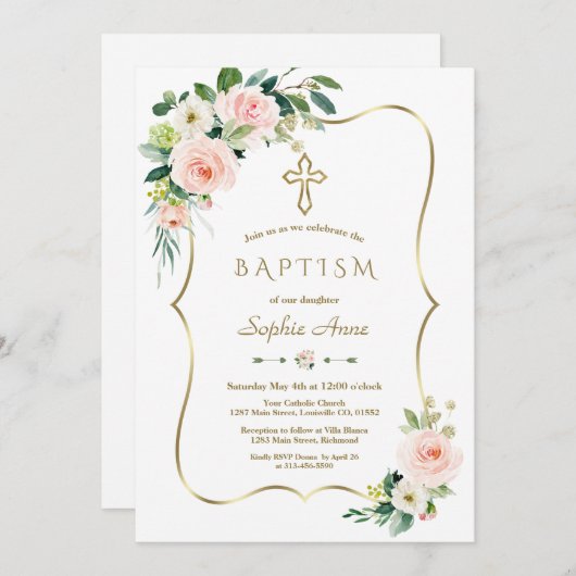 Elegante Roze Witte Bloemige Bloei Gouden Kruis Do Kaart (Voorkant / Achterkant)