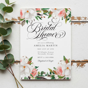 Elegante Roze Witte Bloemige Bruidsfeest Script Kaart