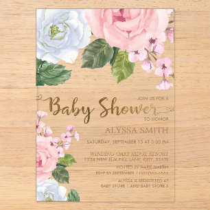 Elegante Roze Witte Bloemige Rozen Script Baby Sho Acryl Uitnodigingen