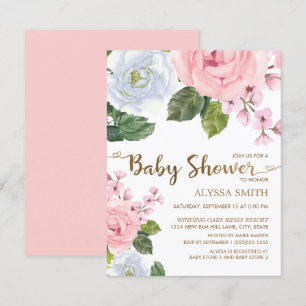 Elegante Roze Witte Bloemige Rozen Script Baby Sho Kaart