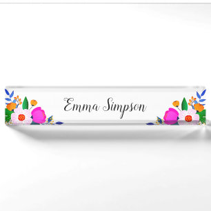Elegante roze witte & gele bloemen naambordje