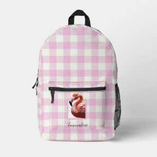 Elegante roze witte geruite flamingo personalisere bedrukte rugzak