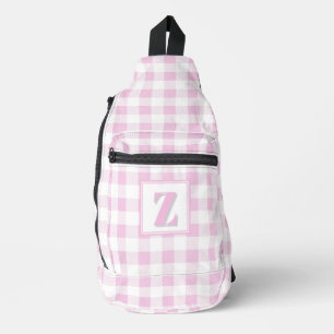 Elegante roze witte geruite monogram op maat gemaa sling bag