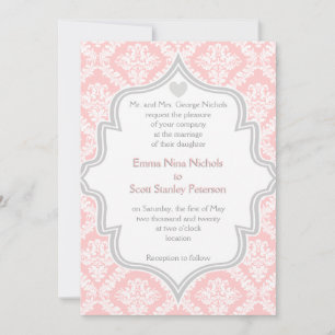 Elegante roze, witte, grijze damast bruiloft kaart