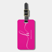Elegante Roze Witte Monogram Initiaal Script Naam Bagagelabel (Voorkant verticaal)
