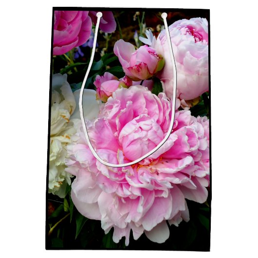 Elegante roze witte pioen bloementuin foto medium cadeauzakje (Achterkant)