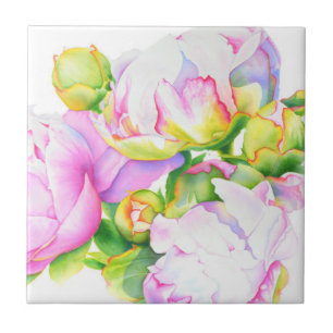 Elegante roze witte pioen florale waterverf tegeltje