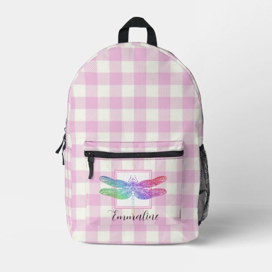 Elegante roze witte plaid libel personaliseren bedrukte rugzak (Voorkant)