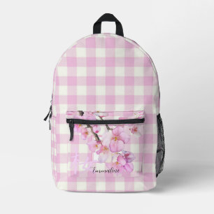 Elegante roze witte ruit roze bloesem personaliser bedrukte rugzak