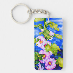 Elegante roze witte waterverf bloemen hollyhocks sleutelhanger