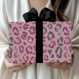Elegante Roze Zilveren Glitter Luipaard op Roze Go Cadeaupapier