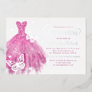 Elegante Roze Zilveren Vlinder Jurk Quinceanera Folie Uitnodiging