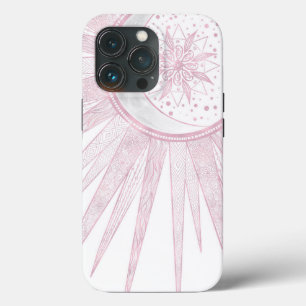 Elegante Roze Zon Maan Doodle Mandala Witte Ontwer iPhone 13 Pro Hoesje
