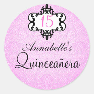 Elegante Roze/Zwarte Chic Damast Quinceañera Stick Ronde Sticker