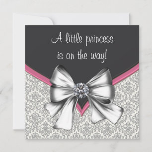 Elegante Roze Zwarte Damast Prinses Baby Shower Kaart