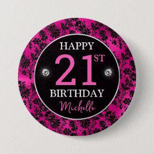 Elegante Roze & Zwarte Glitter Bloemen Verjaardag Ronde Button 7,6 Cm