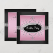 Elegante roze zwarte verjaardagsfeest uitnodiginge kaart (Voorkant / Achterkant)
