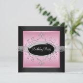 Elegante roze zwarte verjaardagsfeest uitnodiginge kaart (Staand voorkant)