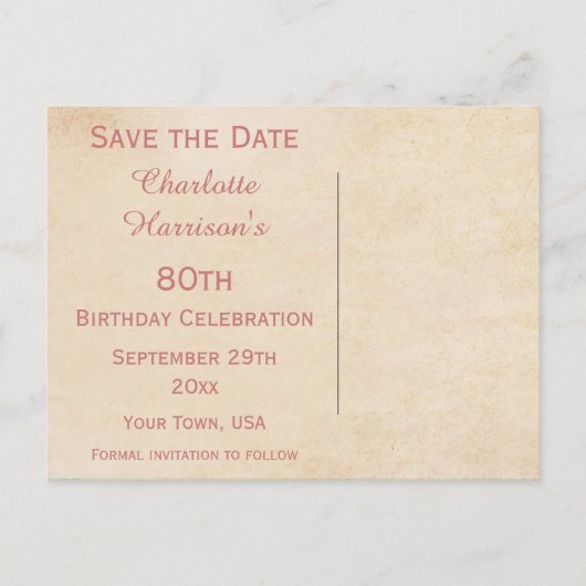 Elegante Rozen 80e Save The Date Aankondigingskaart (Achterkant)