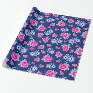 Elegante Rozen Bloemenroze Paarse blauw Patroon Cadeaupapier