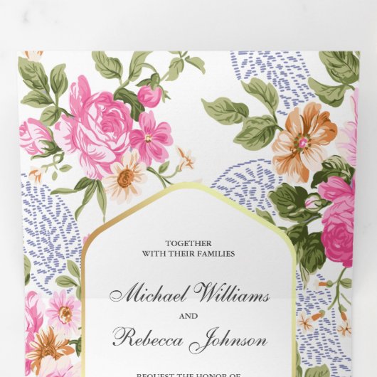 Elegante Rozen Botanische Tuin 3 in 1 bruiloft Drieluik Uitnodiging (Binnenzijde eerst)
