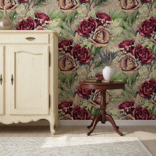 elegante Rozen en dennen op hout Behang
