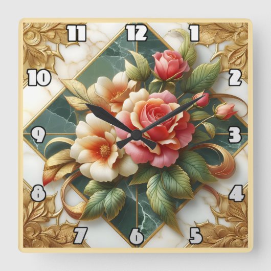 Elegante Rozen met groene achtergrond en gouden si Vierkante Klok (Voorkant)
