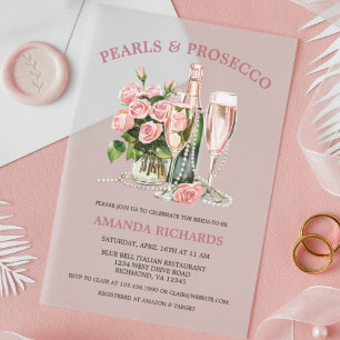 Elegante Rozen, Parels en Prosecco Bruidsfeest Acryl Uitnodigingen