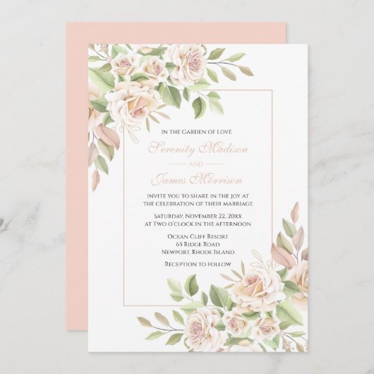 Elegante Rozen Tuin Roze Bloemen Bruiloft Uitnodig Kaart (Voorkant / Achterkant)
