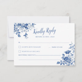 Elegante RSVP met blauwe bloemen en kalligrafisch 
