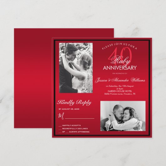 Elegante Ruby 40th Wedding Jubileum Dubbele Foto Kaart (Voorkant / Achterkant)