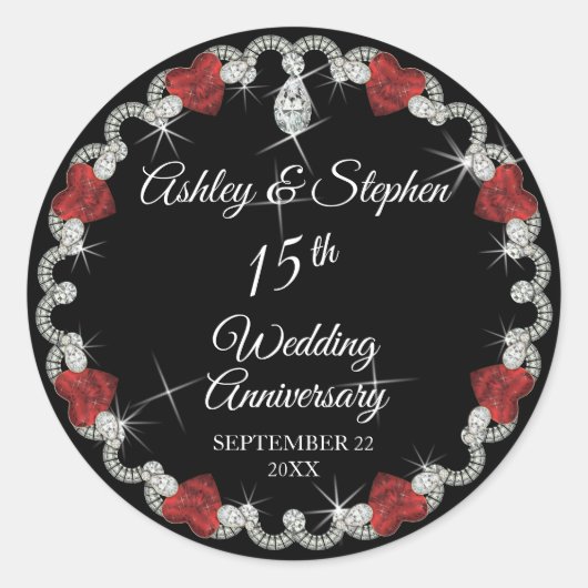 Elegante Ruby en Diamonds 15e Jubileum Ronde Sticker (Voorkant)