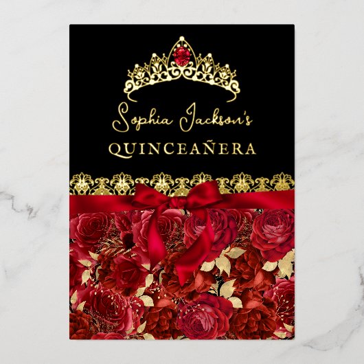 Elegante Ruby Red Gold Roos Quinceanera Folie Uitnodiging (Voorkant)