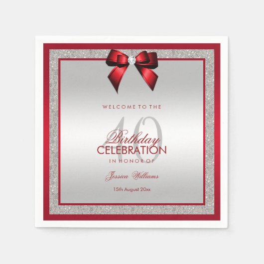 Elegante Ruby Red & Silver Glitter 40e verjaardag Servet (Voorkant)