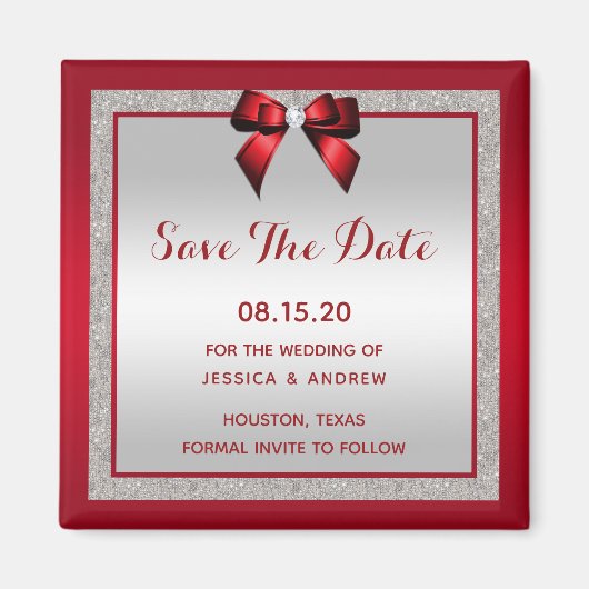 Elegante Ruby Red & Silver Glitter Save The Date Magneet (Voorkant)