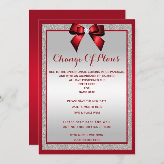 Elegante Ruby Red & Silver Glitter Verandering van Save The Date (Voorkant / Achterkant)