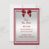 Elegante Ruby Red & Silver Glitter Verjaardag Save The Date (Voorkant)