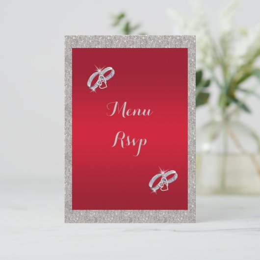 Elegante Ruby Red, Sparkly Silver Ring Bruiloft Me RSVP Kaartje (Staand voorkant)