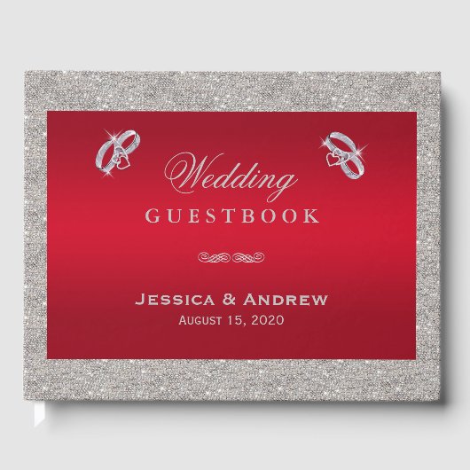 Elegante Ruby Rode & Sparkly Zilveren Ringen Bruil Gastenboek (Voorkant)
