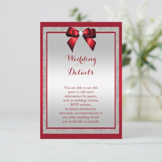 Elegante Ruby Rood & Zilver Glitter Wedding Detail Informatiekaartje (Staand voorkant)