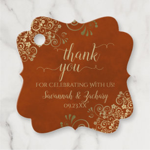 Elegante Rust Sinaasappel & Gold Curls Wedding Bed Bedankjes Labels