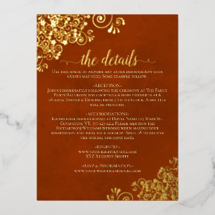 Elegante Rust Sinaasappel Gold Foil Wedding Detail Folie Uitnodiging Briefkaart