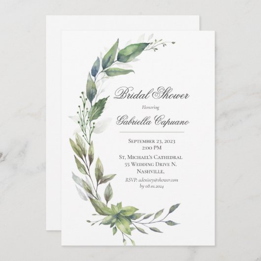 Elegante Rustieke Bladeren Groene Bruidsborrel Kaart (Voorkant / Achterkant)