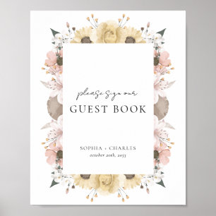 Elegante rustieke bloemen bruiloft gastenboek teke poster