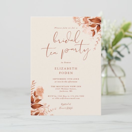 Elegante rustieke bloementerracotta bruids theekra kaart (Staand voorkant)