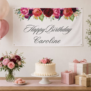 Elegante Rustieke Bloemige Verjaardag met Naam Spandoek