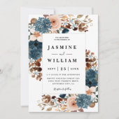 Elegante rustieke Boho bloemenmarine blauwe bruilo Kaart (Voorkant)